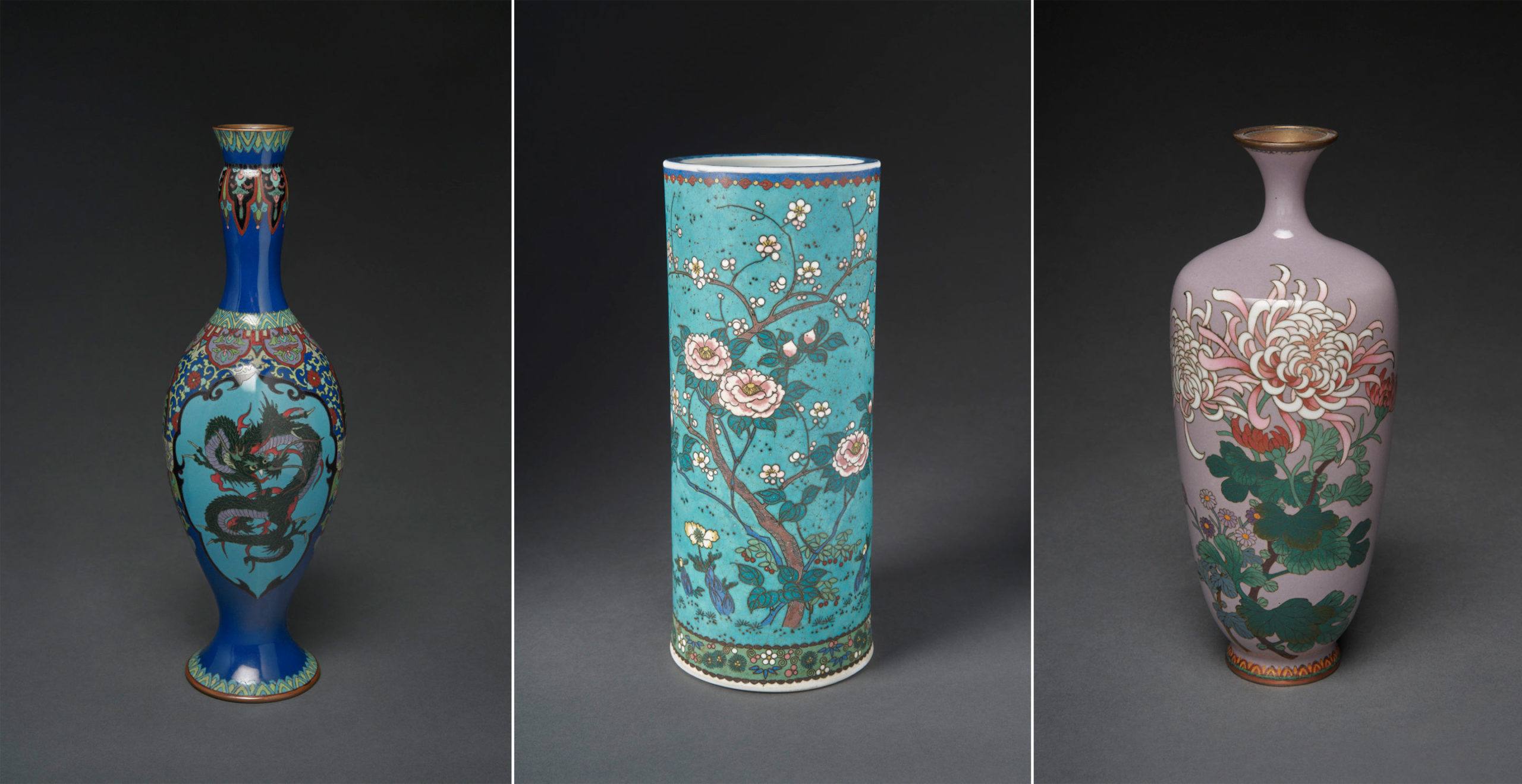 Unknown, Dragon and phoenix vase, Meiji period, 1885-1890. Ginbari cloisonné. Proposed gift of Waynor and Laurie Rogers; Unknown, Vase, Meiji period, 1870-1880. Totai shippo cloisonné. Proposed gift of Waynor and Laurie Rogers; Unknown, Chrysanthemum vase, Meiji period, 1890-1910. Cloisonné. Proposed gift of Waynor and Laurie Rogers.