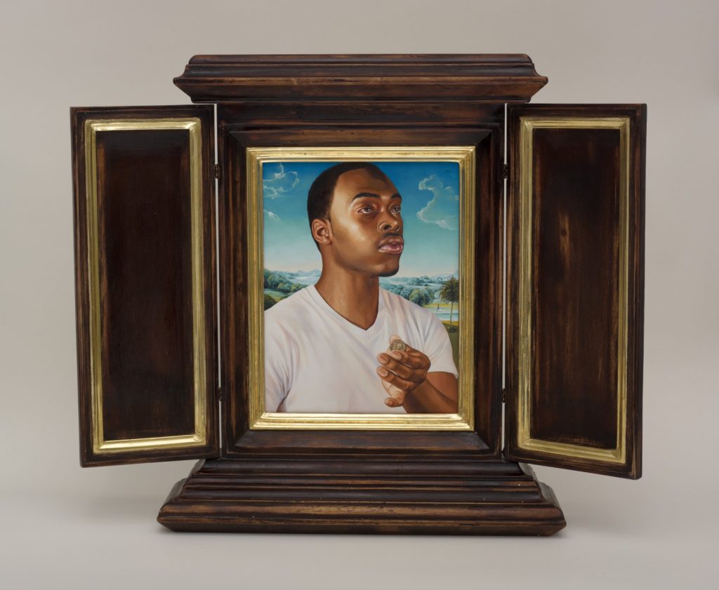 Kehinde Wiley, Memling: After Memling's Portrait of a Man with a Coin of the Emperor Nero, 2013, oil on wood panel in artist designed hand-fabricated frame with 22k gold leaf gilding, Museum purchase with funds provided by The Marshall Bequest, Contemporary Forum, Dr. Eric Jungermann, Ann and Michael Wall, Mr. and Mrs. James G. Bazlen, BMO Private Bank, Dr. and Mrs. Marshall Block, Iris Cashdan-Fishman, Mr. and Mrs. Richard N. Goldsmith, Clark Olson and Nick Butler, Norman McLash, Mr. and Mrs. Charles G. Watts and others.
