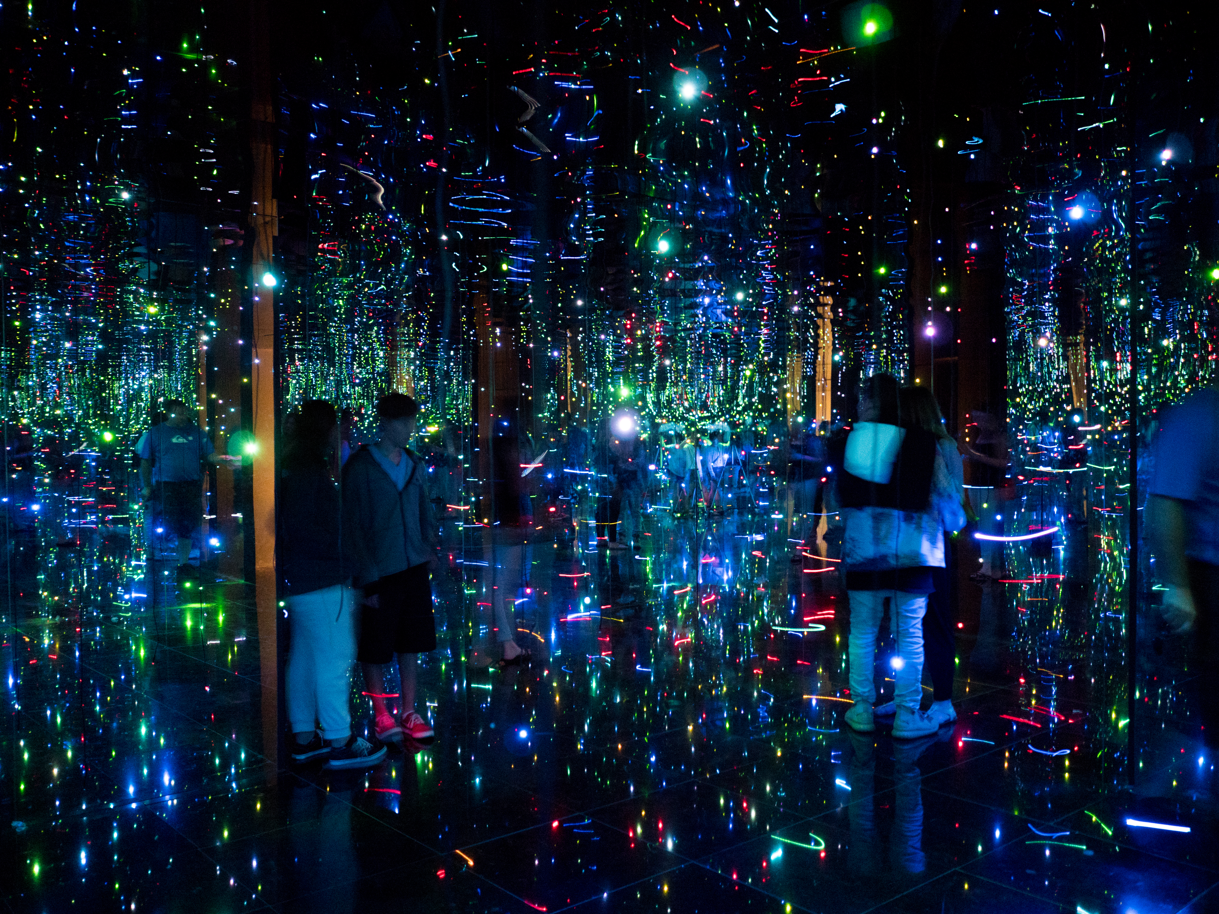 Yayoi Kusama, You Who are Getting Obliterated in the Dancing Swarm of Fireflies (Tú que estás siendo obliterado por una multitud de luciérnagas danzantes), 2005, mixed media installation with LED lights, Museum purchase with funds provided by Jan and Howard Hendler.