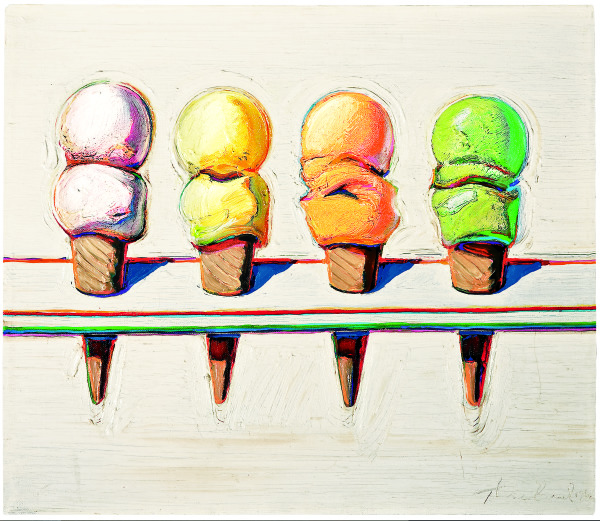 Wayne Thiebaud, Four Ice Cream Cones (Cuatro conos de helado), 1964, oil on canvas, Museum purchase – COMPAS funds. © 2020 Artists Rights Society (ARS), New York.