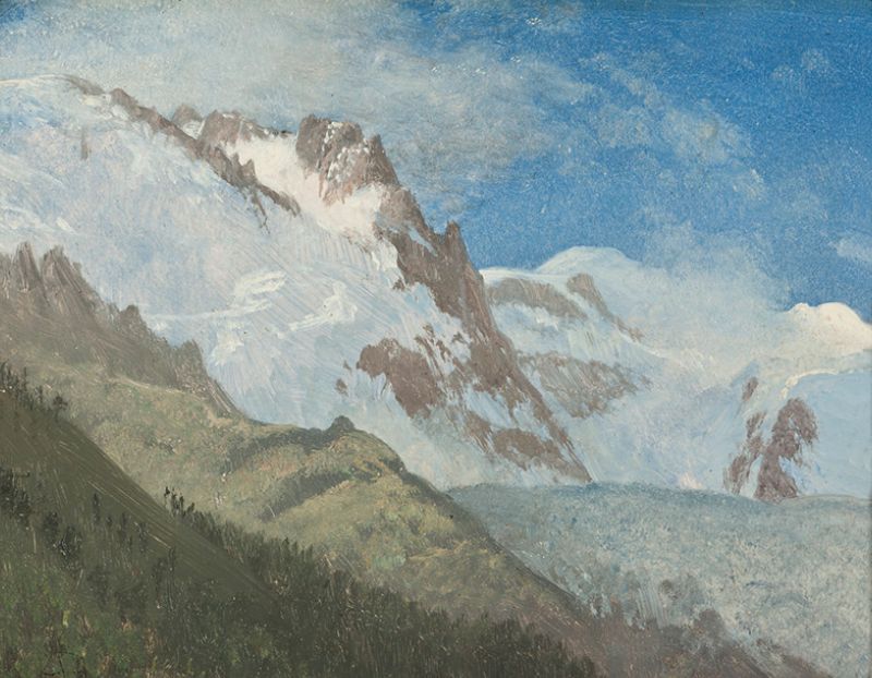 Albert Bierstadt, Snow in the Rockies (Nieve en las Rocallosas), not dated. Oil on paper mounted on board. Gift of the Carl S. Dentzel Family Collection.