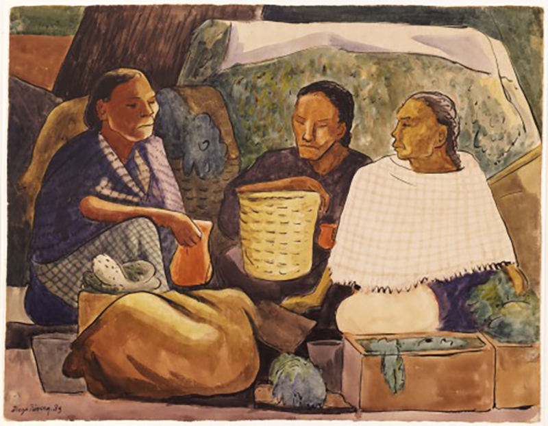 Diego Rivera, Tres Mujeres en Xochimilco (Three Women in Xochimilco), 1939, watercolor, Gift of Mr. & Mrs. Edgar Higgins. © 2020 Banco de México Diego Rivera Frida Kahlo Museums Trust, Mexico, D.F. / Artists Rights Society (ARS), New York.