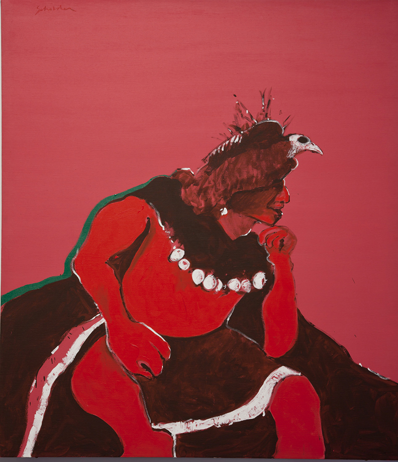 Fritz Scholder, Posing Indian with Bird Headdress (Indio con tocado de pájaro), 1972. Acrylic on canvas. Gift of Edward Jacobson.