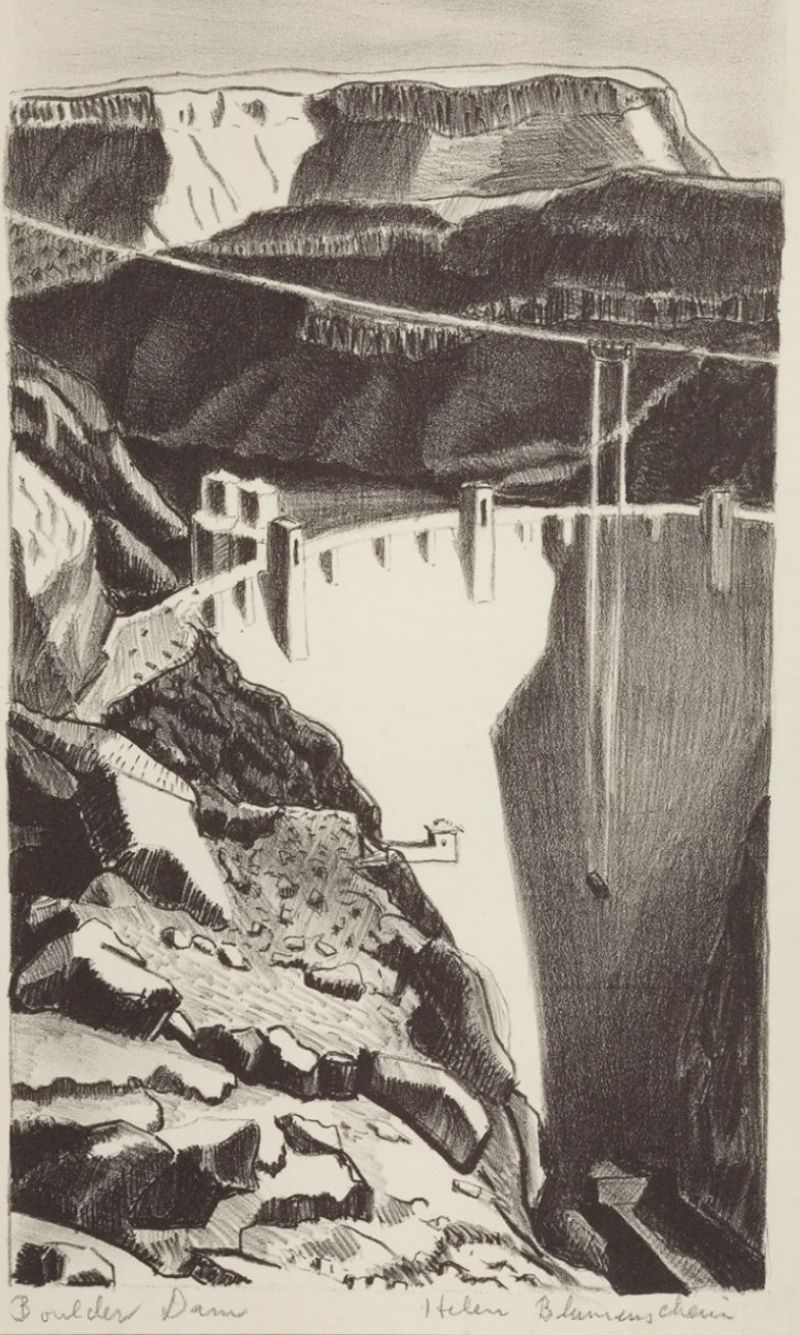 Helen Blumenschein, Boulder Dam (Presa Boulder), c. 1934-1935. Lithographic pencil on paper. Museum purchase with designated Western art funds from Ginger K. Renner.