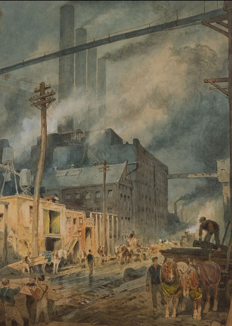 Joseph Pennell, Industrial Scene (Escena industrial), 1891. Ink and watercolor on paper. Gift of the Carl S. Dentzel Family Collection.
