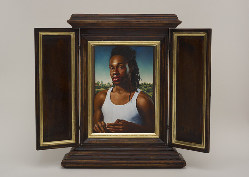 Kehinde Wiley; Memling: After Memling's Portrait of a Man in a Red Hat; 2013; oil on wood panel in artist designed hand-fabricated frame with 22k gold leaf gilding; 16 1/2 × 12 in. (41.9 × 30.5 cm) (panel); Museum purchase with funds provided by The Marshall Bequest, Contemporary Forum, Dr. Eric Jungermann, Ann and Michael Wall, Mr. and Mrs. James G. Bazlen, BMO Private Bank, Dr. and Mrs. Marshall Block, Iris Cashdan-Fishman, Mr. and Mrs. Richard N. Goldsmith, Clark Olson and Nick Butler, Norman McLash, Mr. and Mrs. Charles G. Watts and others.