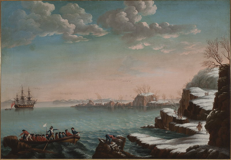 Michele Felice Cornè, Landing of the Pilgrims, Dec. 22, 1620 (Desembarco de los peregrinos, 22 de diciembre de 1620), c. 1803-06. Oil on canvas. Gift of the E. Q. Barbey Family.