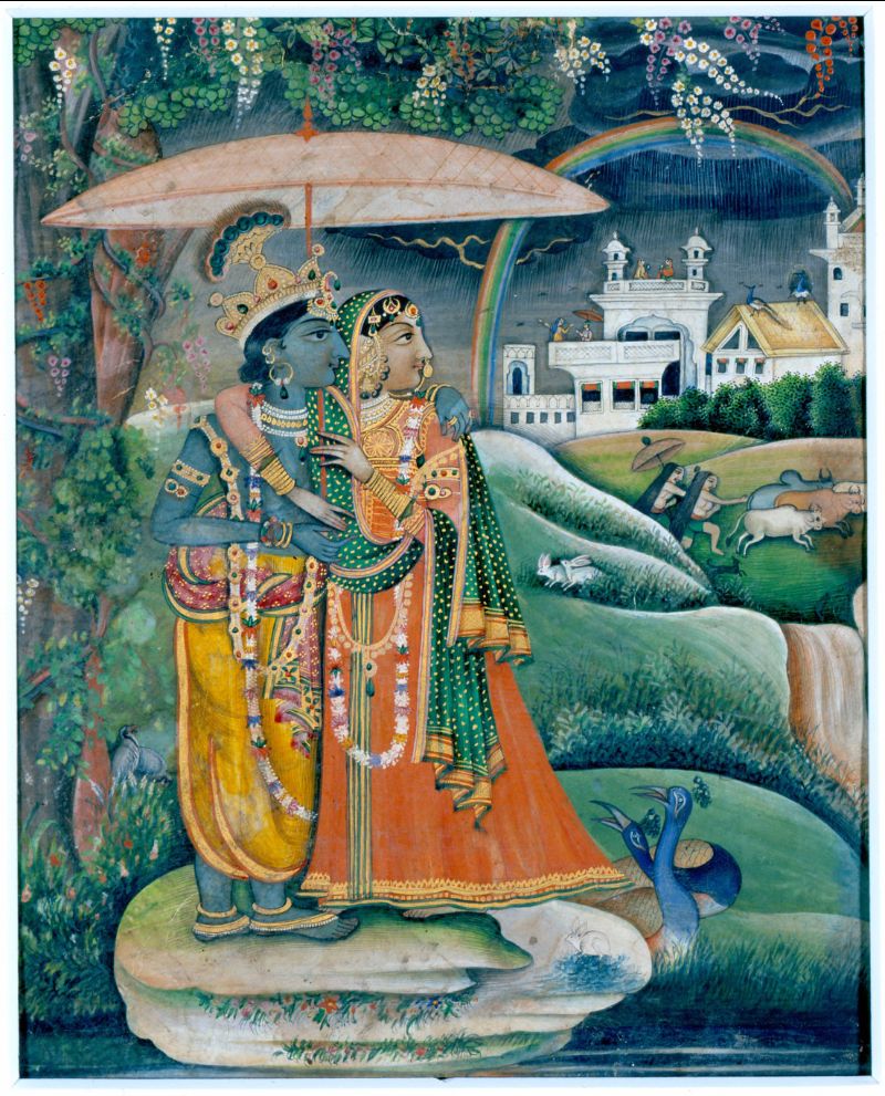 Unknown, Krishna and Radha under umbrella, 19th century. Ink and color on paper. Gift of Mr. George P. Bickford