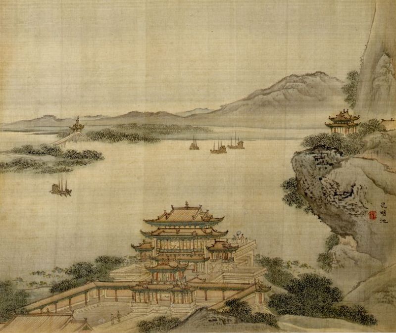 Yuan Yao, Kunming Lake, 1740. Ink and color on silk. Museum purchase with partial funding by Mr. and Mrs. K.J. Baltazar