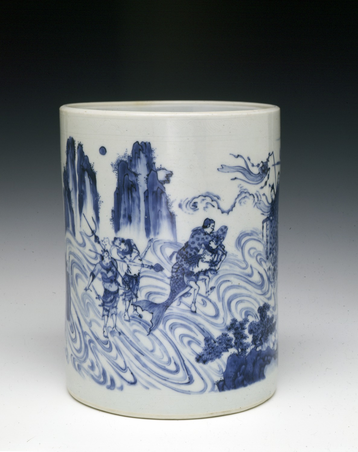 Unknown, Brushpot with narrative scene, 1625-1650. Porcelain with blue underglazing. Gift of Dr. and Mrs. Matthew L. Wong.