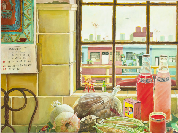 Elena Climent, Cocina con vista al viaducto (Kitchen with View of the Viaduct), 1995. Oil on canvas and panel. Museum purchase in honor of Clayton Kirking with funds provided by Mr. and Mrs. L. Gene Lemon. © Elena Climent.