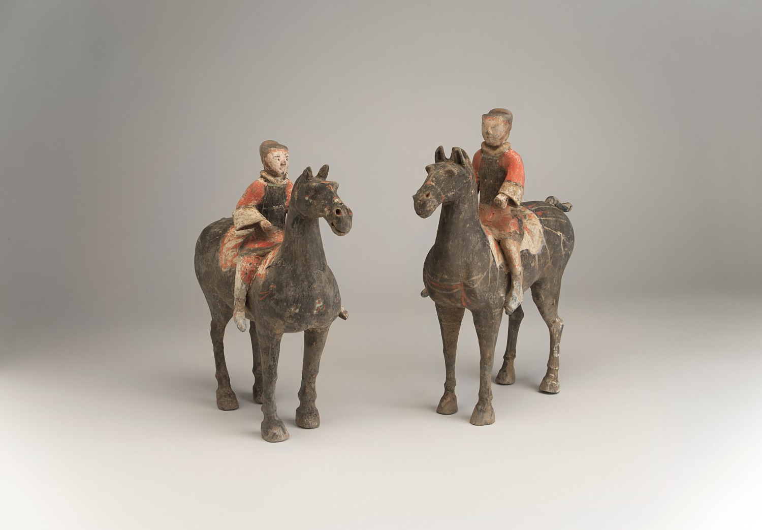 Unknown, Pair of painted equestrian funerary figures, Han dynasty, 206 B.C.-220 A.D. Painted clay. Gift of Drs. Thomas and Martha Carter.
