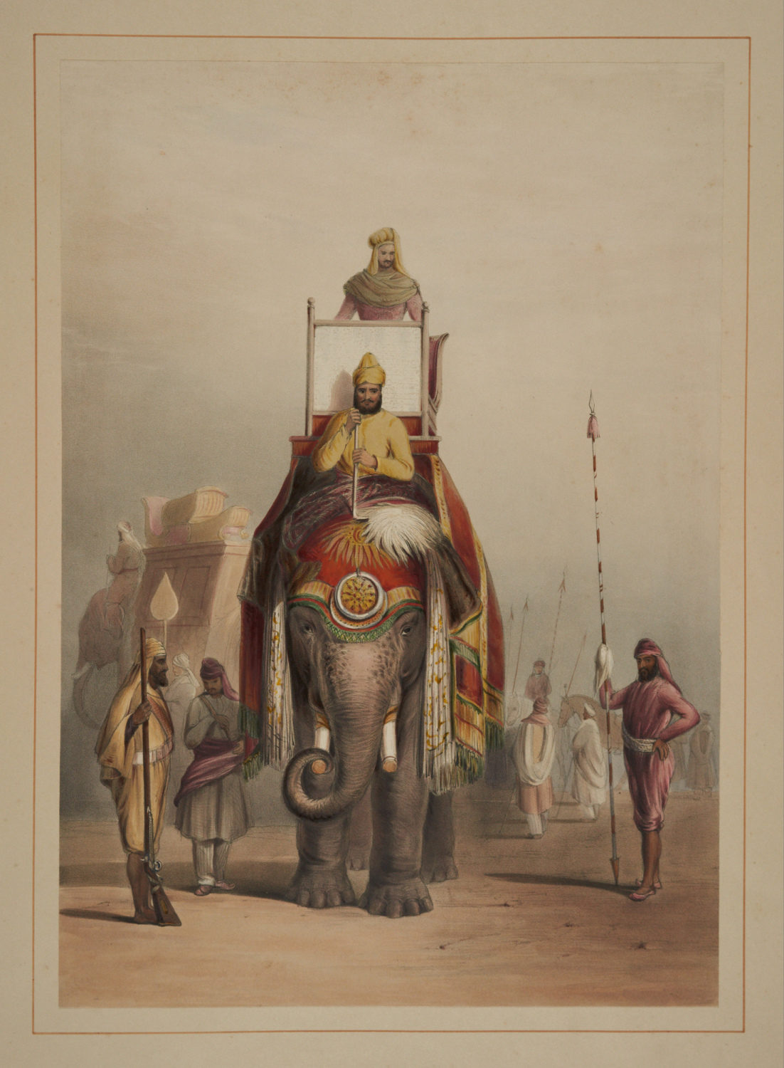 Emily Eden, The Rajah of Patiala (the largest Sikh principality) on his State elephant, 1844. Hand-painted chromolithograph on paper. The Khanuja Family.