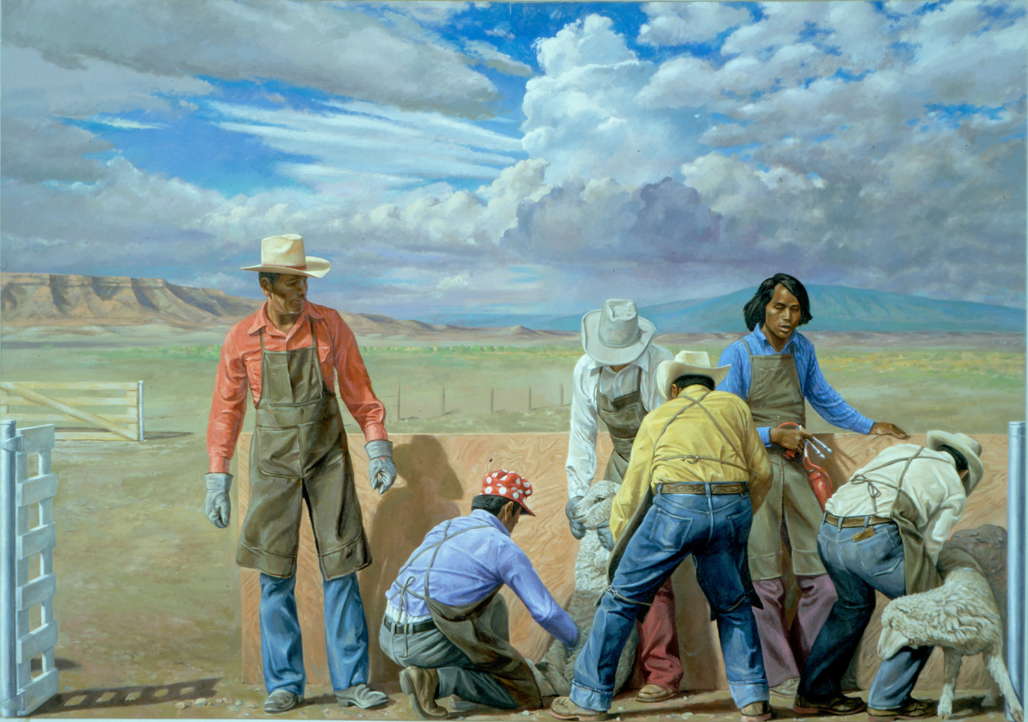 Willard Franklin Midgette, Processing Sheep (Procesamiento de ovejas), 1976. Oil on linen, Museum purchase with funds provided by Mr. and Mrs. Kemper Marley.
