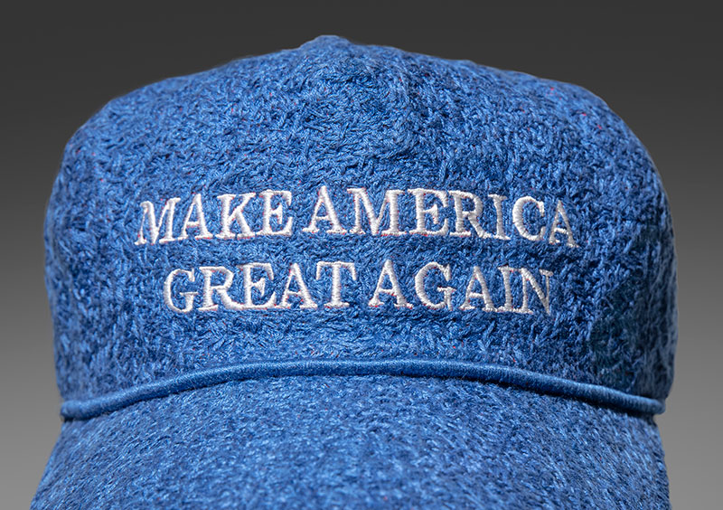 Ann Morton, Blue MAGA, 2020. Official Donald J. Trump Make America Great Again Hat - Red Red Cap/Red, new embroidery (blue). Photo credit: Bill Timmerman. Courtesy of Lisa Sette Gallery.