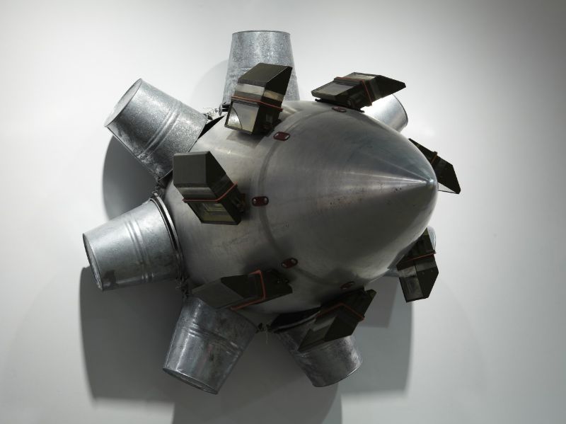 Donald Lipski, Broken Wings #3 (Alas rotas #3), 1986. Pod housing, buckets, periscopes and hardware. Museum Purchase with Funds Provided by the Men's Arts Council Sculpture Endowment.