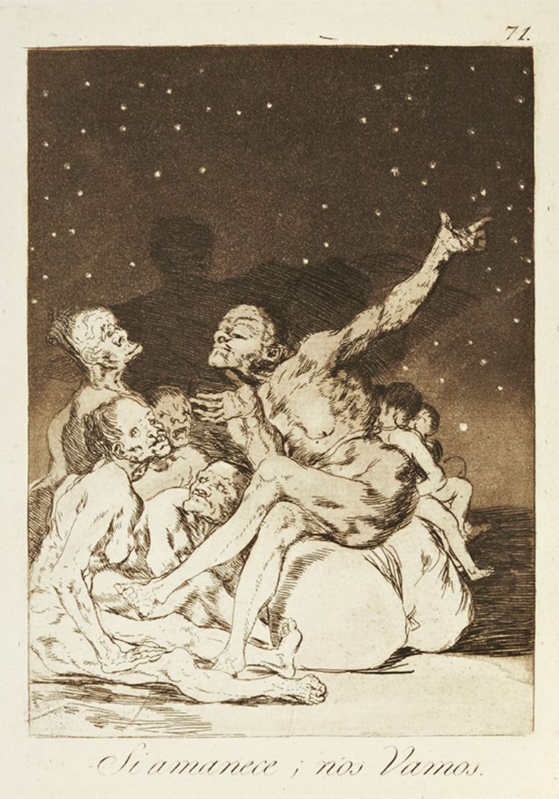 Francisco de Goya, Si amanece, nos vamos (When day breaks we must go), 1797-1799. Aquatint etching. Gift of M. Knoedler & Co., Inc.