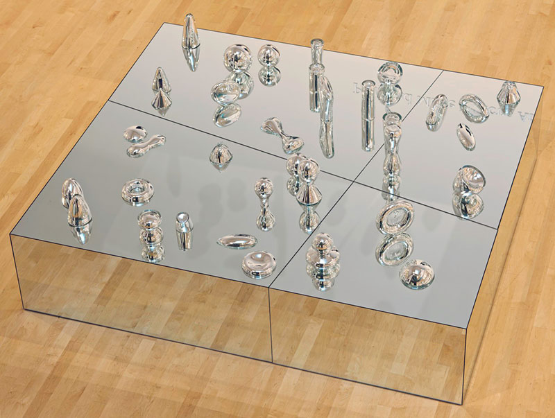 Josiah McElheny, Extended Landscape Model for Total Reflective Abstraction cone-like shape, 2004. Mirrored glass table with hand blown mirrored glass objects. Museum purchase with funds donated by Joseph and Mary Beth Cherskov.