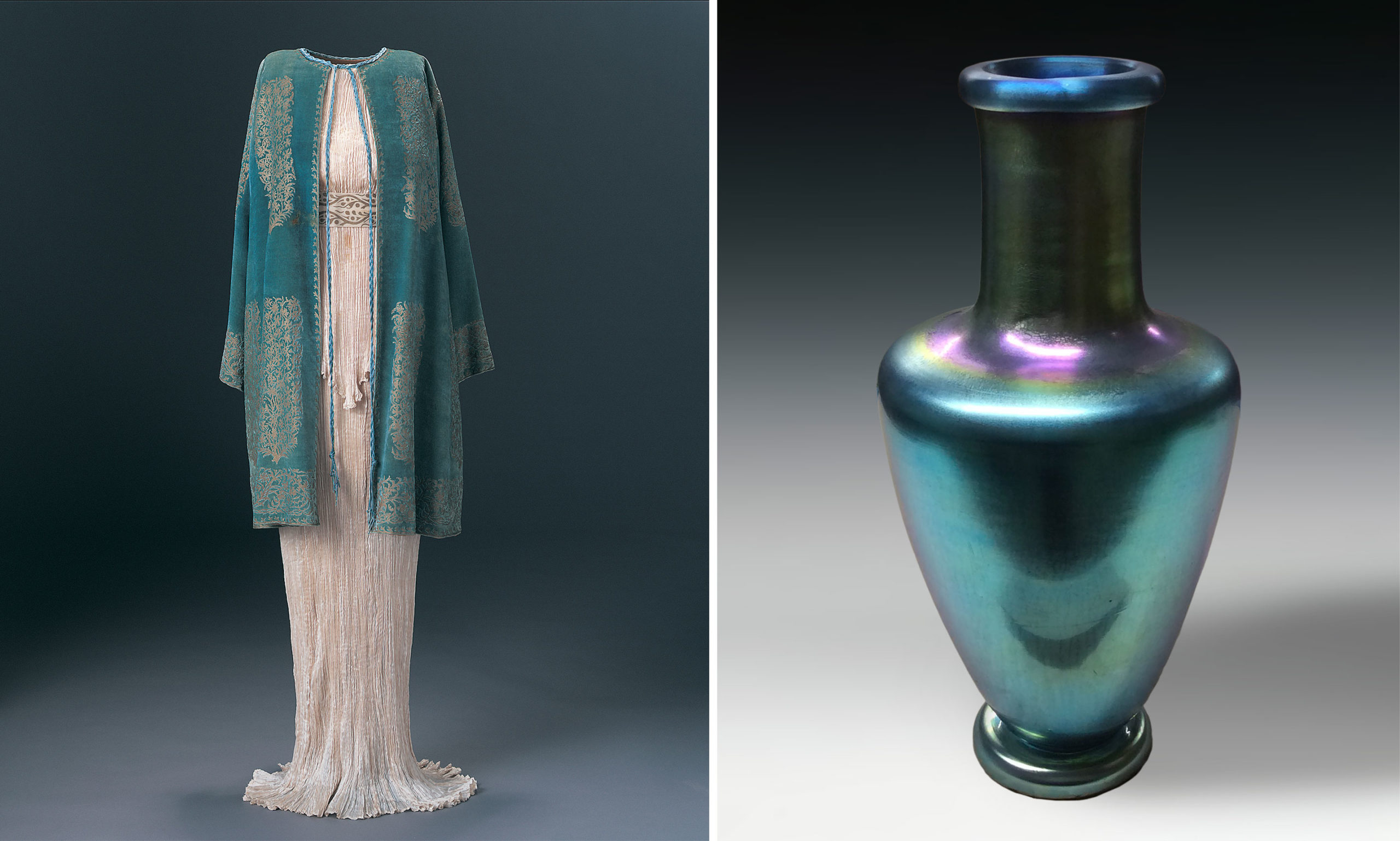 Mariano Fortuny y Madrazo, Blue velvet coat with gold stenciled painted design (Abrigo de terciopelo azul con diseño pintado en oro), 1934. Silk velvet stenciled with metals. Collection of Phoenix Art Museum. Gift of Mrs. Anne Robinson; Tiffany and Company, Favril Vase, 1921. Glass. Collection of Phoenix Art Museum. Gift of Edward Jacobson.