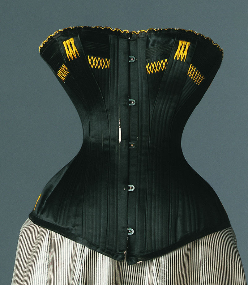 R & G Corset Company, Corset No. 234, 1885-1900. Satin with embroidery. Gift of Mr. and Mrs. Stanley Stone.