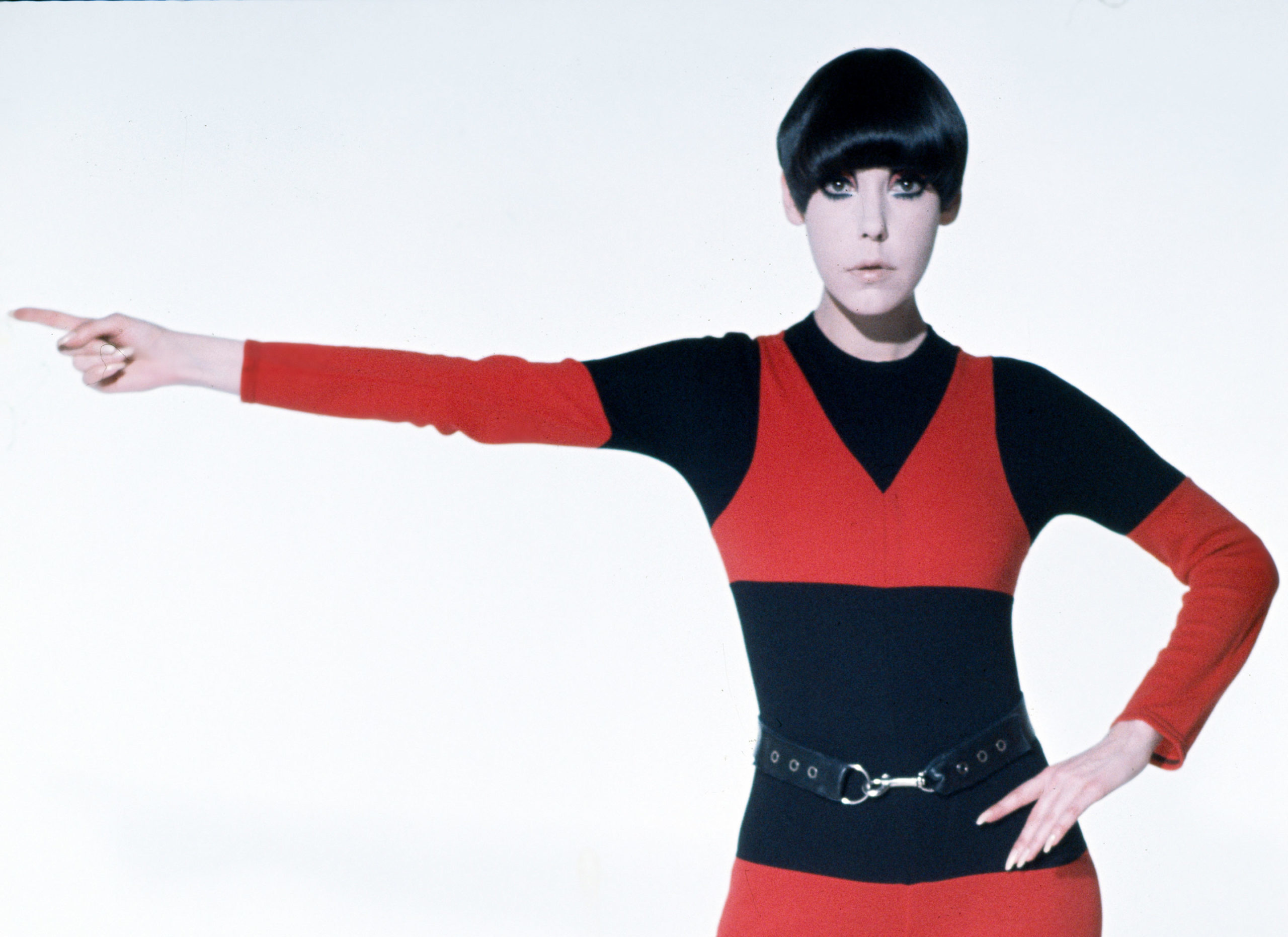 Peggy Moffitt modeling trompe l’oeil ensemble designed by Rudi Gernreich, Resort 1971 collection Photograph © William Claxton, LLC, courtesy of Demont Photo Management & Fahey/Klein Gallery Los Angeles, with permission of the Rudi Gernreich trademark.