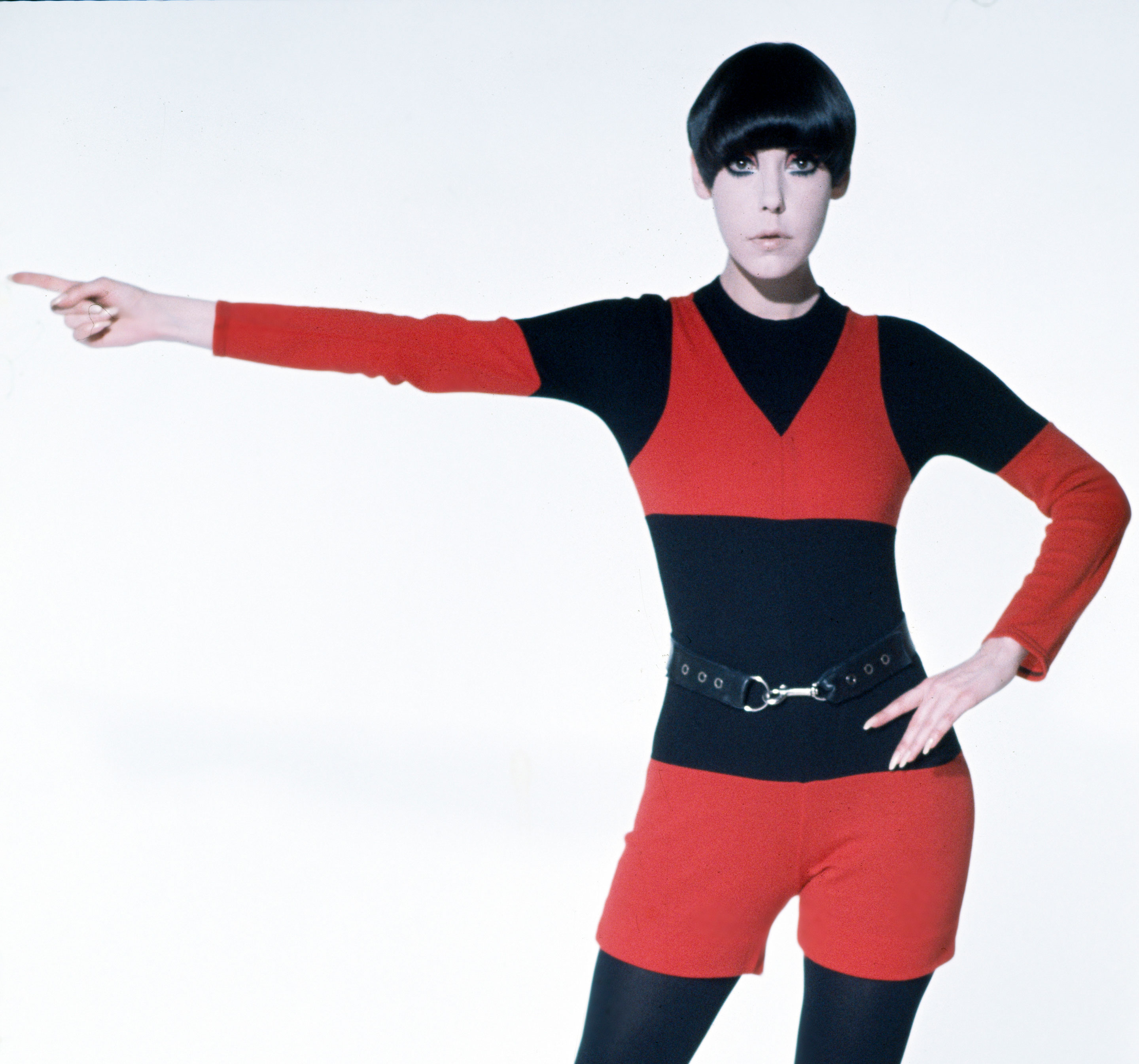 Peggy Moffitt modeling trompe l’oeil ensemble designed by Rudi Gernreich, Resort 1971 collection Photograph © William Claxton, LLC, courtesy of Demont Photo Management & Fahey/Klein Gallery Los Angeles, with permission of the Rudi Gernreich trademark.