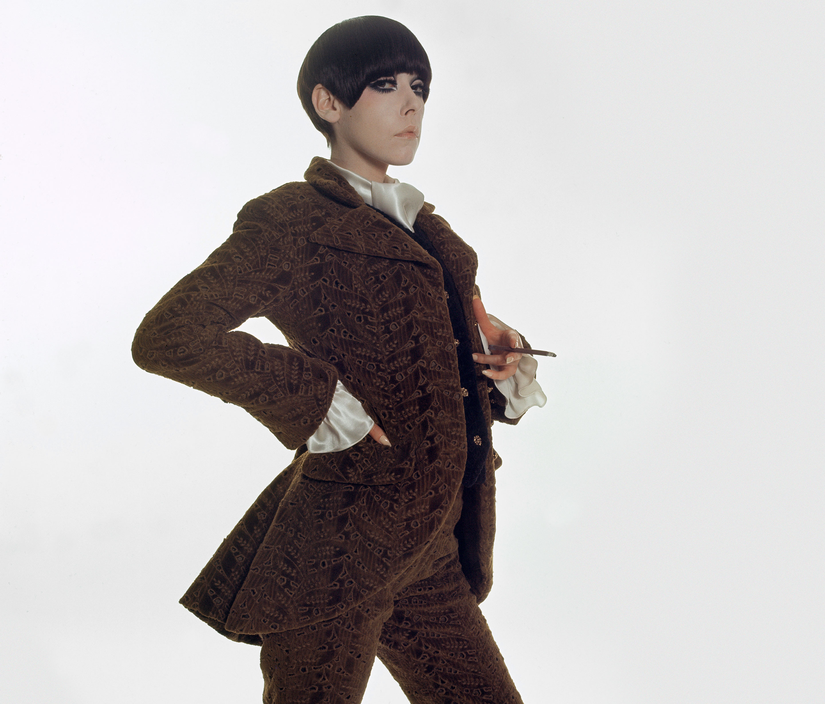 Peggy Moffitt modeling George Sand pantsuit designed by Rudi Gernreich, Fall 1967 Collection. Photograph © William Claxton, LLC, courtesy of Demont Photo Management & Fahey/Klein Gallery Los Angeles, with permission of the Rudi Gernreich trademark.
