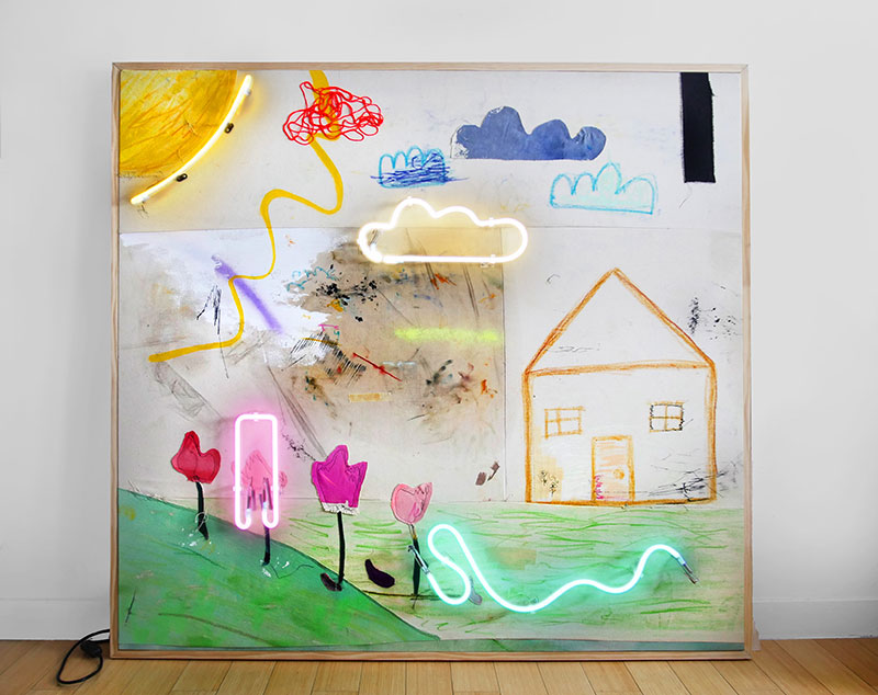 Vincent Chung, sun was high (& so was i), 2020. Acrylic, engine oil, oil sticks, dirt, scotch tape, irrigation strings. pastel, spray paint, and neon on sewn dyed canvas. Image courtesy of the artist.