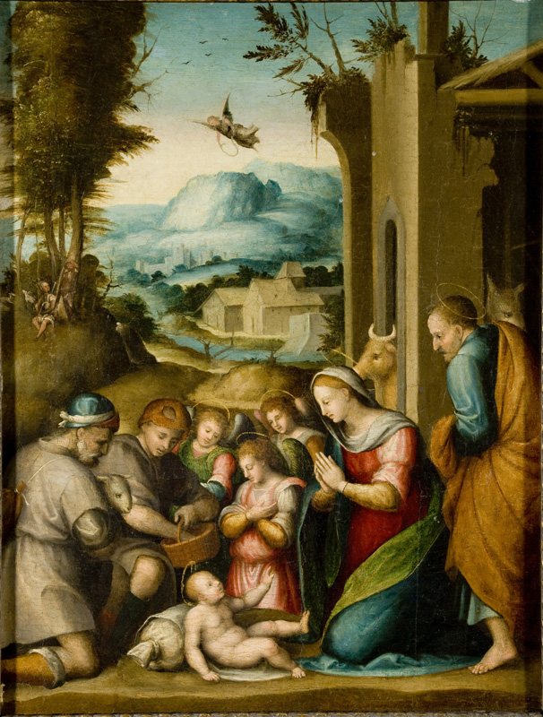Bacchiacca, Adoration of the Shepherds, early 16th century. Oil on wood. Gift of Mr. and Mrs. Lewis J. Ruskin.