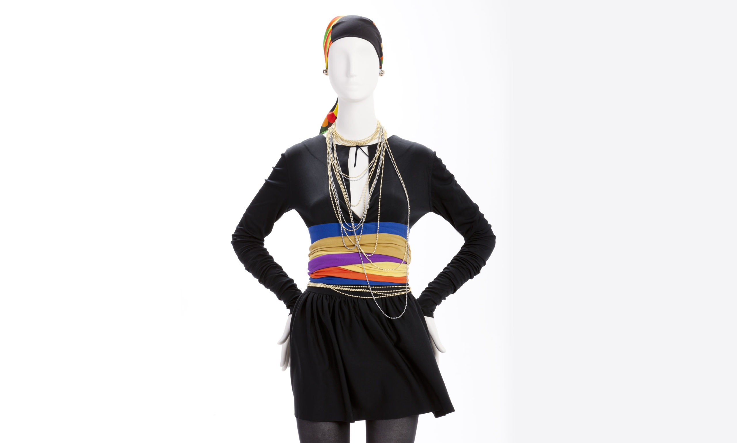 Giorgio di Sant'Angelo, Surplice Black Bodice with Multi-colored Ties, Longsleeves, Wide Panel of Blue at Waist, 1968. Lycra. Gift of The Metropolitan Museum of Art.