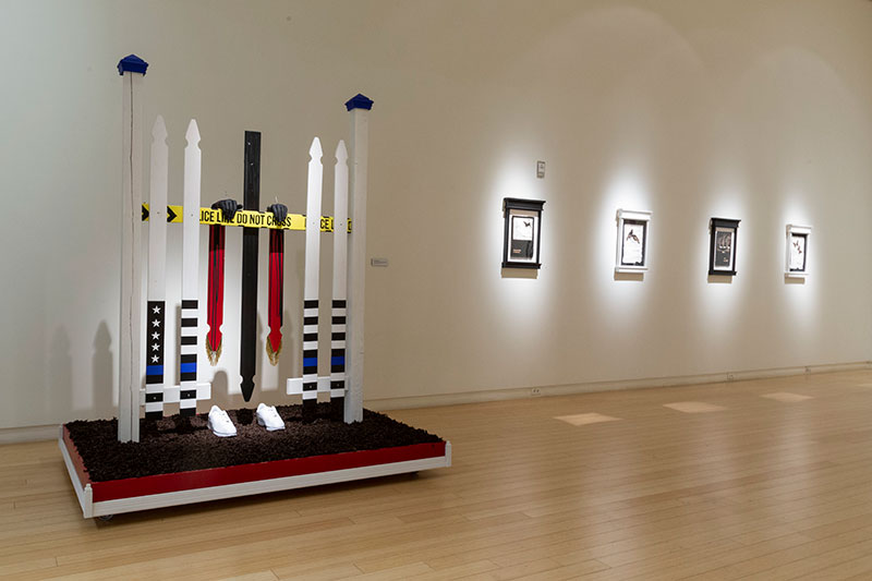 Aaron Coleman, Spectator Sport, 2019. Lumber, hardware, cast plaster, playground rubber mulch, Nike Cortez sneakers, tassels, latex, enamel, and acrylic. Installation view, True and Livin’, 2020, Mesa Contemporary Arts Museum. Courtesy of the artist. Photo: Tamrin Ingram.