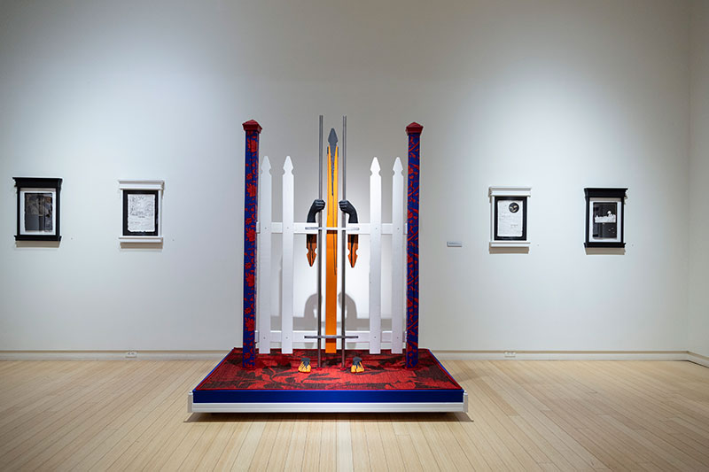 Aaron Coleman, Home Away From Home, 2019. Lumber, hardware, steel, cast plaster, carpet, latex, enamel, and acrylic. Installation view, True and Livin’, 2020, Mesa Contemporary Arts Museum. Courtesy of the artist. Photo: Tamrin Ingram.