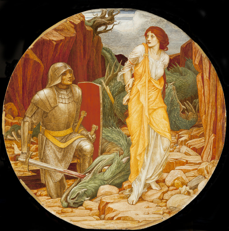 John Dickson Batten, St. George and the Dragon (San Jorge y el dragón ), 1911 or later. Tempera on fabric mounted on cardboard. Museum purchase with funds provided by COMPAS.