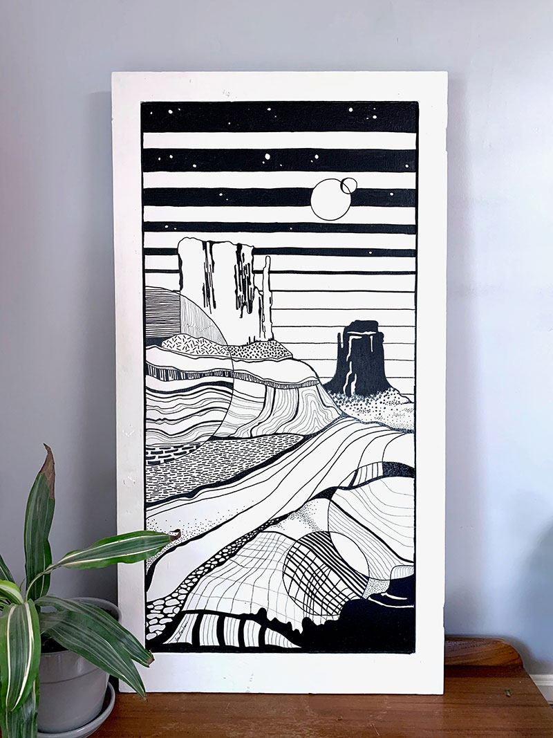 Lora Barnhiser, Monument Valley Moonscape, 2020. Acrylic on vintage cupboard door. Image courtesy of the artist.