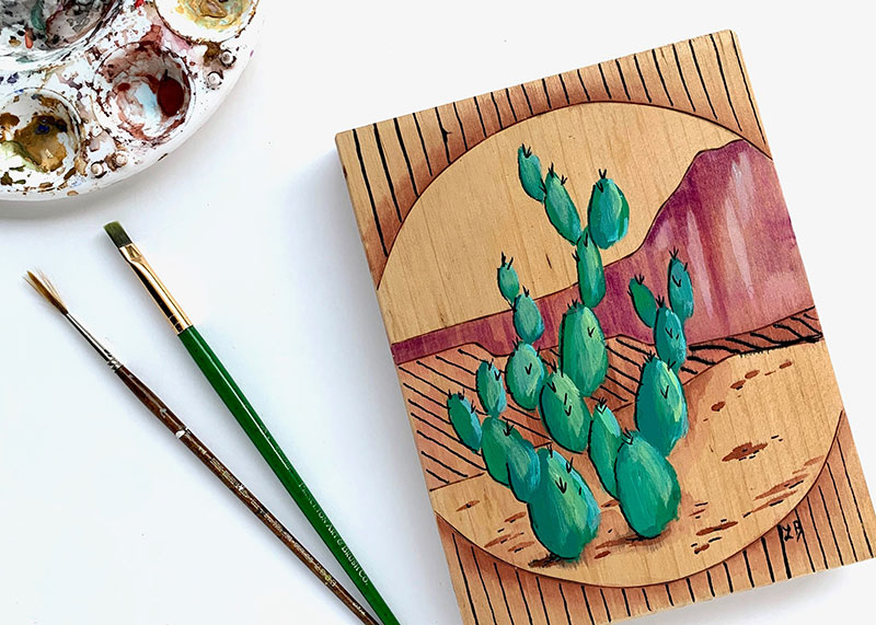 Lora Barnhiser, Small Prickly Pear, 2019. Acrylic, watercolor, and ink on rescued wood. Image courtesy of the artist.