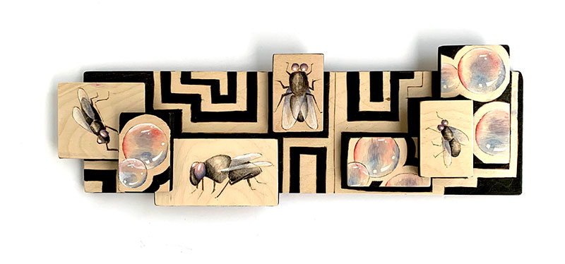 Lora Barnhiser, Bubbles and Flies, 2020. Watercolor, ink, and pyrography on rescued wood. Image courtesy of the artist.