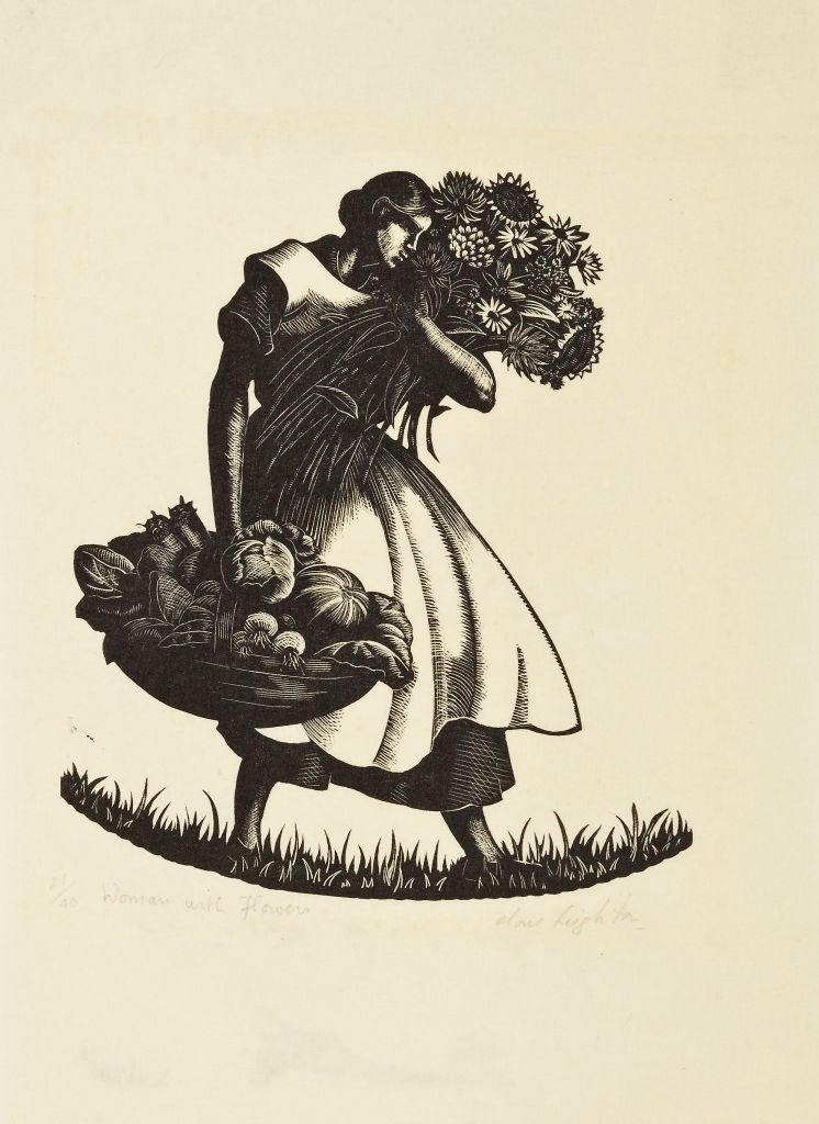 Clare Leighton, Woman with Flowers (Mujer con flores), 1937. Woodblock. Gift of Mrs. David Higham. Courtesy of the Artist's estate.