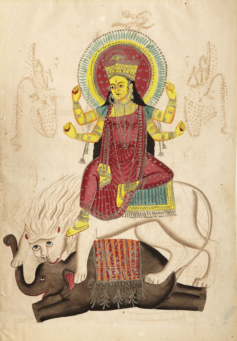 Unknown, The Hindu goddess Durga riding a lion devouring an elephant demon (La diosa hindú Durga monta un león devorando un demonio elefante), 19th century. Watercolor on paper. Gift of Drs. Thomas and Martha Carter.