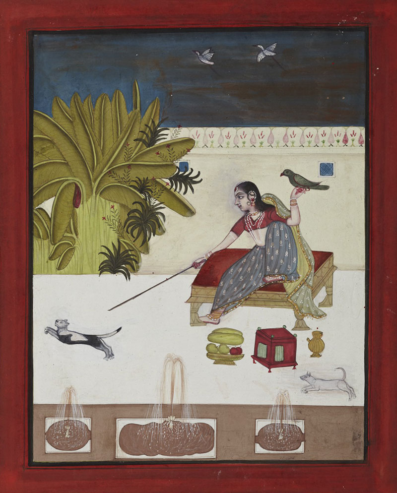 Unknown, Seated Woman with Parrot Shooing Two Cats, 19th century. Ink and color on paper. Gift of Drs. Thomas and Martha Carter.