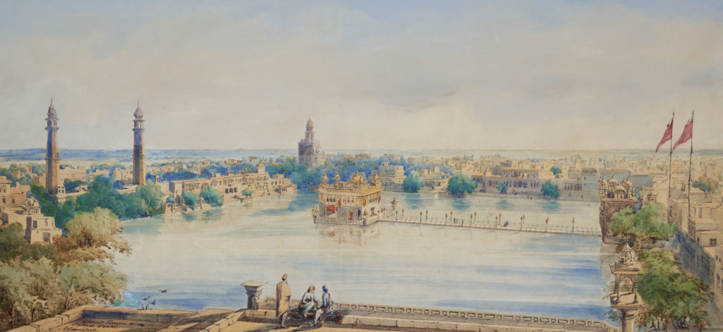 Charles Herbert, Panoramic View of The Golden Temple and the City of Amritsar, undated. Watercolor on paper. Loan from the Khanuja Family Collection.