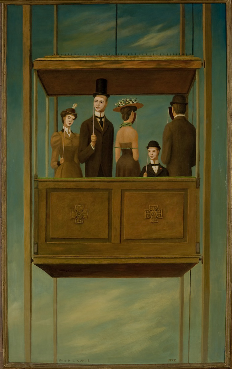 Philip C. Curtis, The Lift (El ascensor), 1972. Oil on panel. Gift of Edward Jacobson Revocable Trust.