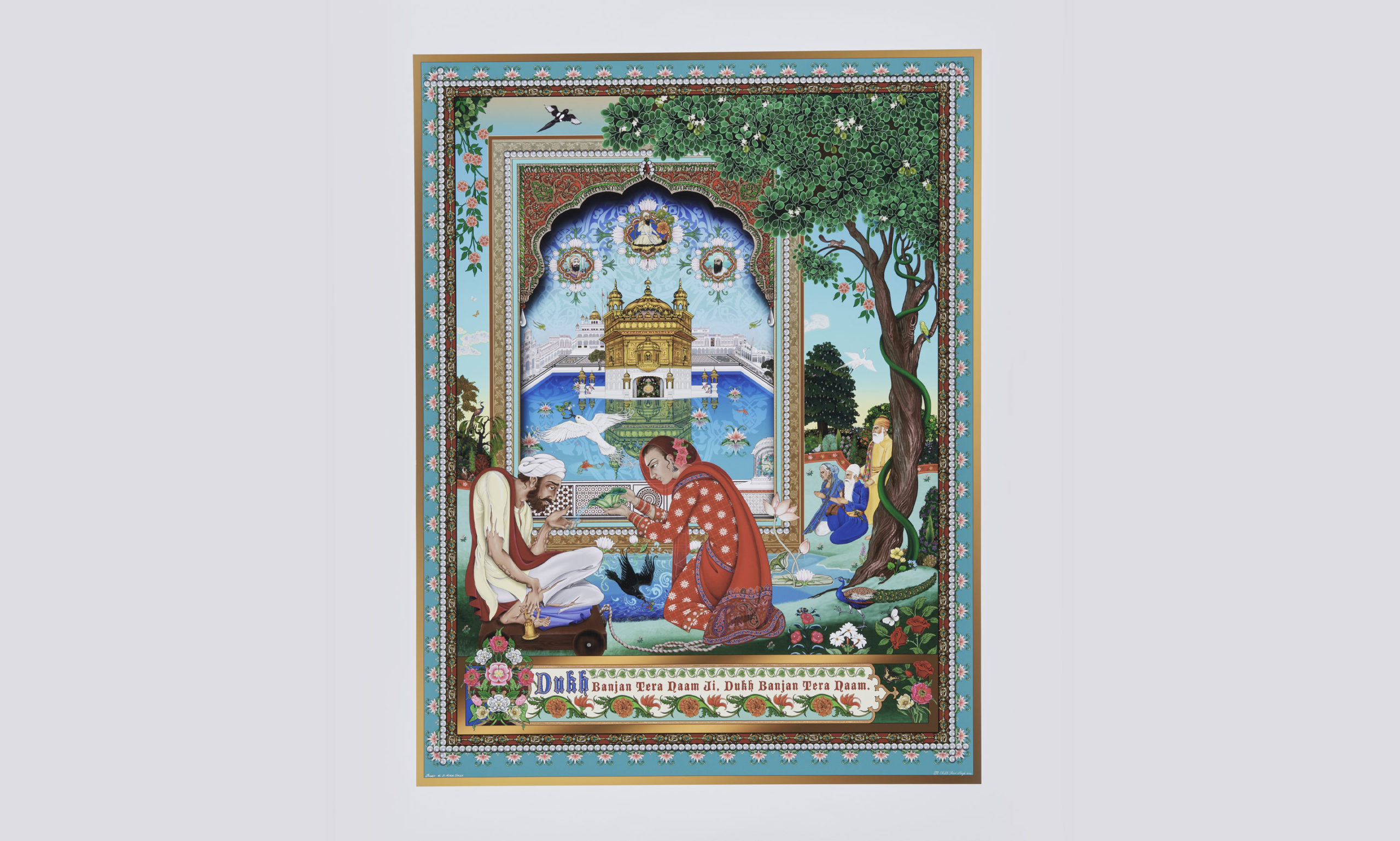 The Singh Twins, Amrit & Ravindran RD Kaur Singh, The Golden Temple - Dukh Bhanjani Beri: Rajani and the Leper, 2020. Mixed media digital print with overworking done by hand. Loan from the Khanuja Family Collection.
