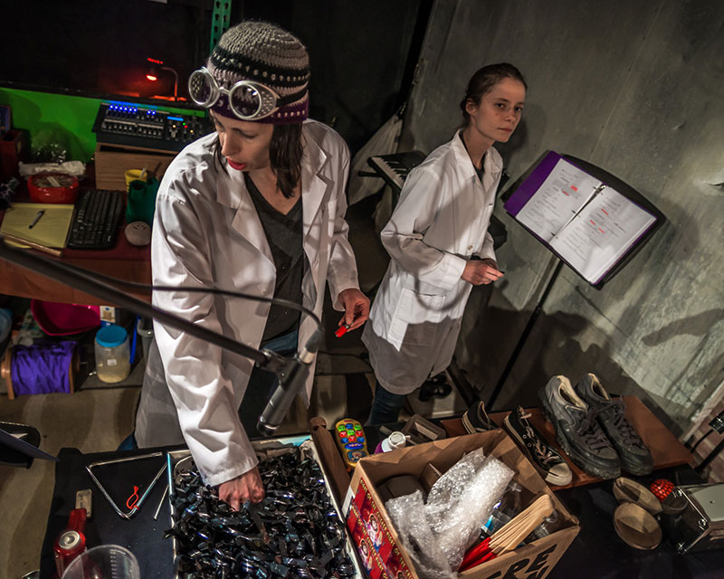 Carrie Behrens (left) and Annika Cline; foley artists from Night of the Chicken: Origin of the Subspecies, January 2018. Photo credit Rodrigo Izquierdo.