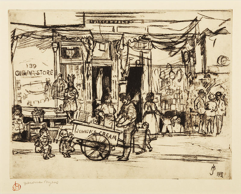Jerome Myers, On Mott Street, N.Y.C. (En Mott Street, Cd. de Nueva York), 1915. Etching. Gift of Mr. Jonathan Marshall.