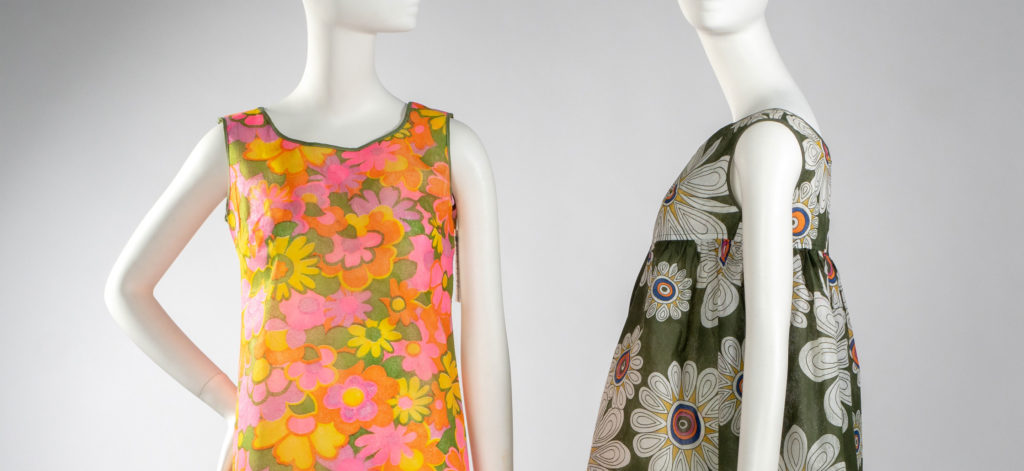 (Left to right) Misty Modes, “Daisy Mae” Shift, 1960s. Printed Du Pont Reemay spunbonded polyester. Collection of Phoenix Art Museum, Promised gift of Kelly Ellman; James Sterling Paper Fashions, Dress, 1960s. Printed Du Pont Reemay spunbonded polyester. Collection of Phoenix Art Museum, Promised gift of Kelly Ellman. Image © Phoenix Art Museum.