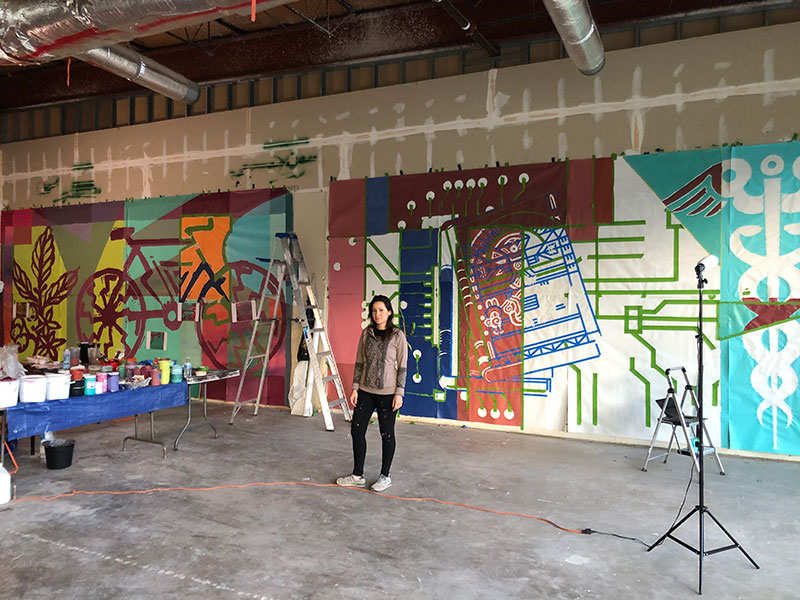Diana Calderon, The New Archive studio work – at Park Centra, 2021. Mural; paint on mural cloth. Photo: Olga Bracamontes.
