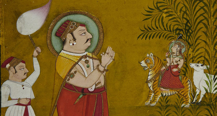 Unknown, Hefty Raja with Attendant, Durga on Tiger, and Two Red Blobs of Shiva's "Spit" in Sky and on His Foot, 19th century. Ink and color on paper. Gift of Drs. Thomas and Martha Carter.
