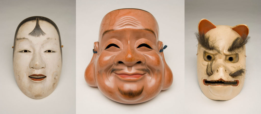 Unknown, Noh mask, Kasshiki (Máscara Noh, Kasshiki), mid-late Edo period, 1704-1868; Noh mask, Ebisu (Máscara Noh, Ebisu), Taisho period, 1912-1926; Kyōgen mask, Kitsune (Máscara Kyōgen, Kitsune), Taisho period, 1912-1926. Painted wood. Gifts of Roger Dunn.