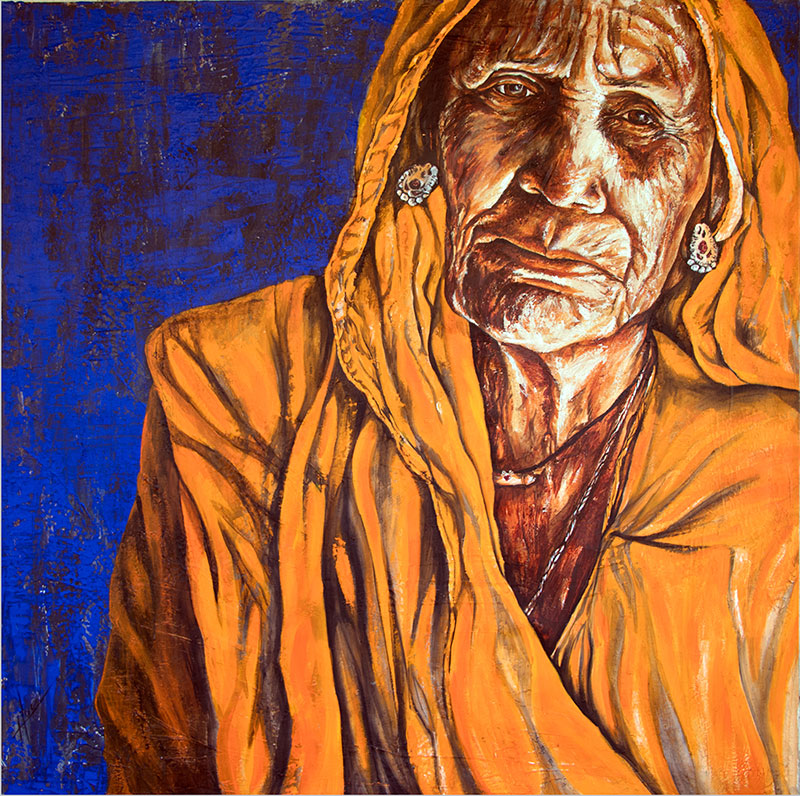 Hugo Medina, Woman in Orange — India Series, 2019. Acrylic and aerosol on canvas.