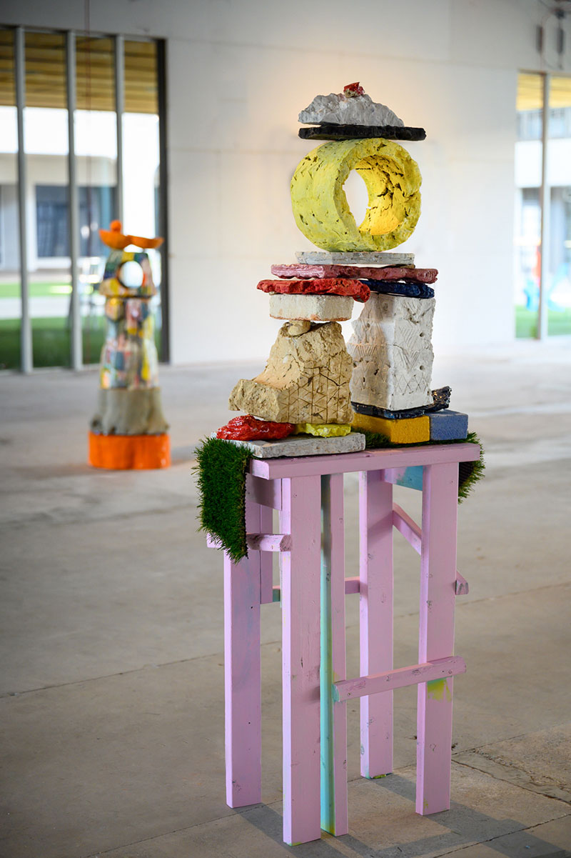 Patricia Sannit, Caryatid: Showing the Way, 2020. Fired clay, glaze, mineral oxides, artificial grass, lumber, paint. Photo: Mary Knopp.